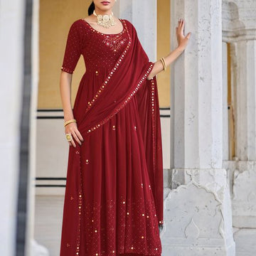 Red  Georgette   Thread Sequence Embroidery Work  Anarkali Flared Long Gown