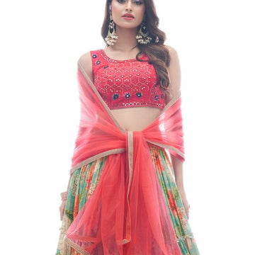 Pink and GreenThread and Mirror  Work  lehenga choli with Net  dupatta