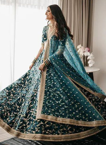 Teal Green Zari and Sequence Embroidery Work lehenga choli with Net dupatta