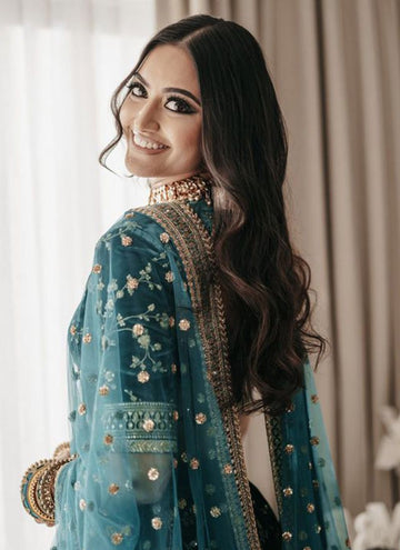 Teal Green Zari and Sequence Embroidery Work lehenga choli with Net dupatta