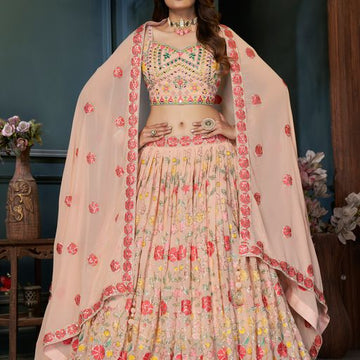 Peach  Mirror and Hand Work  lehenga choli with Gorgette  dupatta