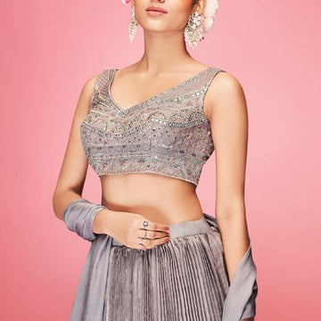 Grey Crush ,  Thread and Hand  Work  lehenga choli with Satin  dupatta