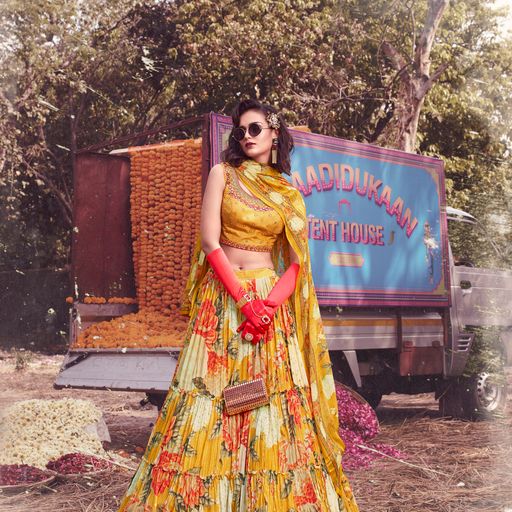 Yellow  Thread Hand Work  lehenga choli with hinon Silk dupatta