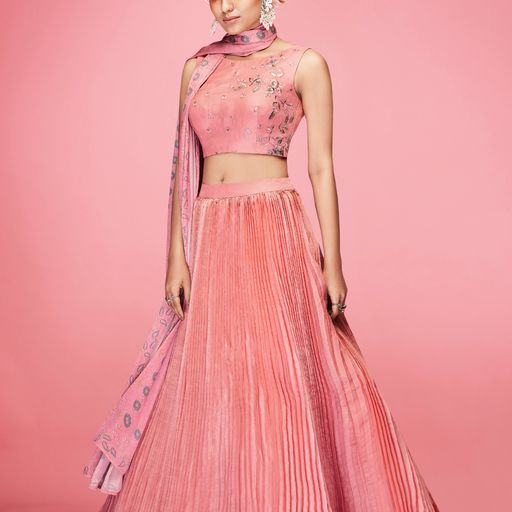 Peach  Crush , Thread and Hand  Work  lehenga choli with Satin dupatta