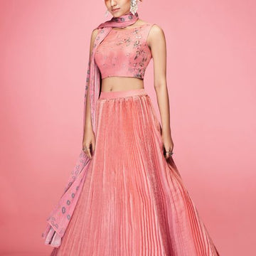 Peach  Crush , Thread and Hand  Work  lehenga choli with Satin dupatta