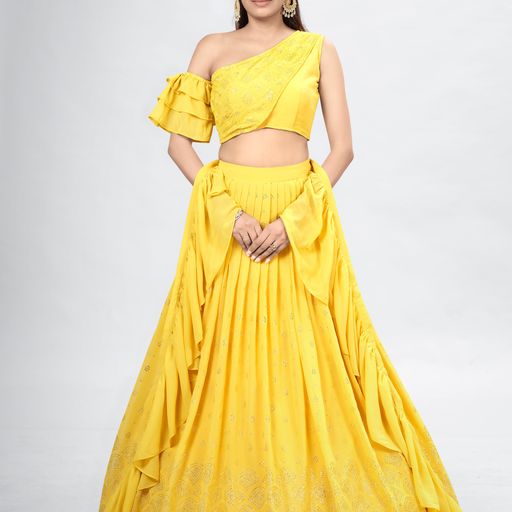 Yellow  Mukaish ,Sequence and Thread  Work  lehenga choli with Georgette dupatta