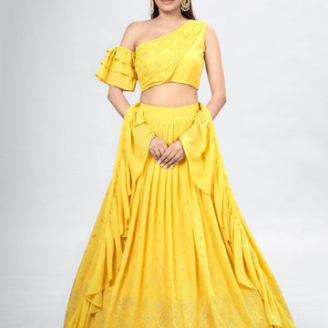 Yellow  Mukaish ,Sequence and Thread  Work  lehenga choli with Georgette dupatta