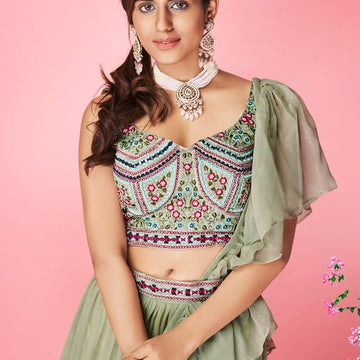 Mehendi  Thread and Hand  Work   lehenga choli with Chiffon   dupatta