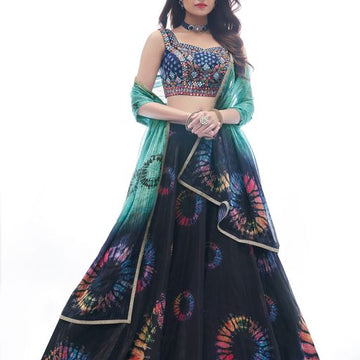 Blue  Thread and Mirror  Work  lehenga choli with Net  dupatta