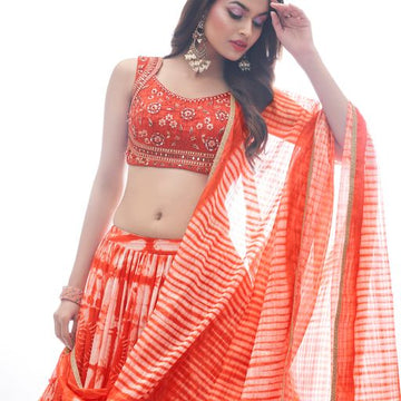 Orange   Hand and Thread  Work   lehenga choli with jacqurd dupatta