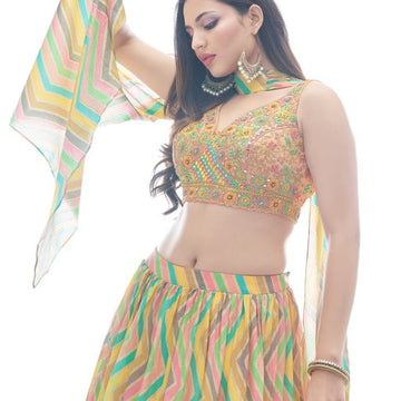 Multi  perrot  Thread and Mirror  Work   lehenga choli with Chinon Silk  dupatta
