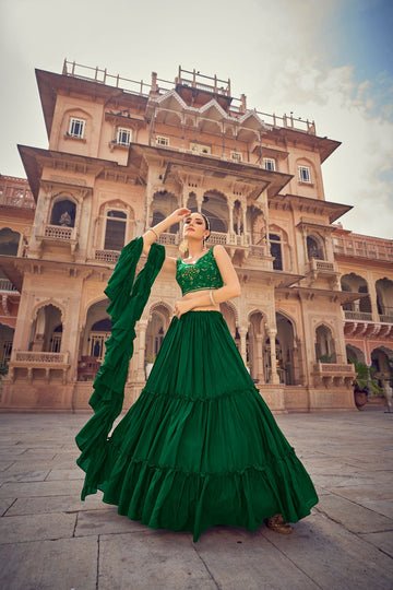 Green Embroidery Mirror , Thread work  lehenga choli with  Chinon Silk dupatta