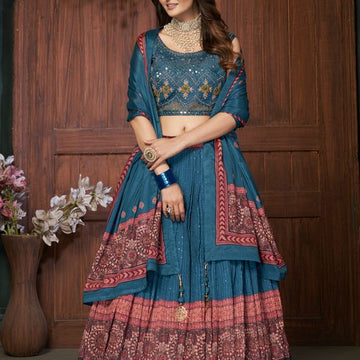 Blue Reasham Sequence  Hand  Work  lehenga choli with Chifon dupatta