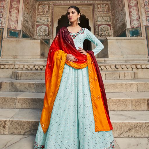 Sky Blue Georgette With Embroidery work Anarkali Flared Long Gown