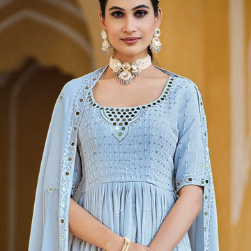Sky Blue Georgette   Thread Sequence Embroidery Work  Anarkali Flared Long  Gown
