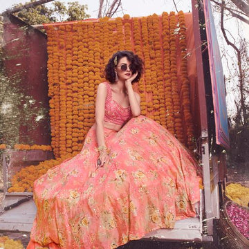 Pink and Orange Thread Hand Work    lehenga choli with  Chinon Silk dupatta