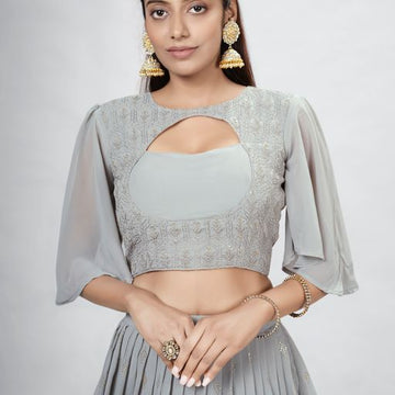 Grey   Mukaish ,Sequence and Thread  Work  lehenga choli with Georgette dupatta