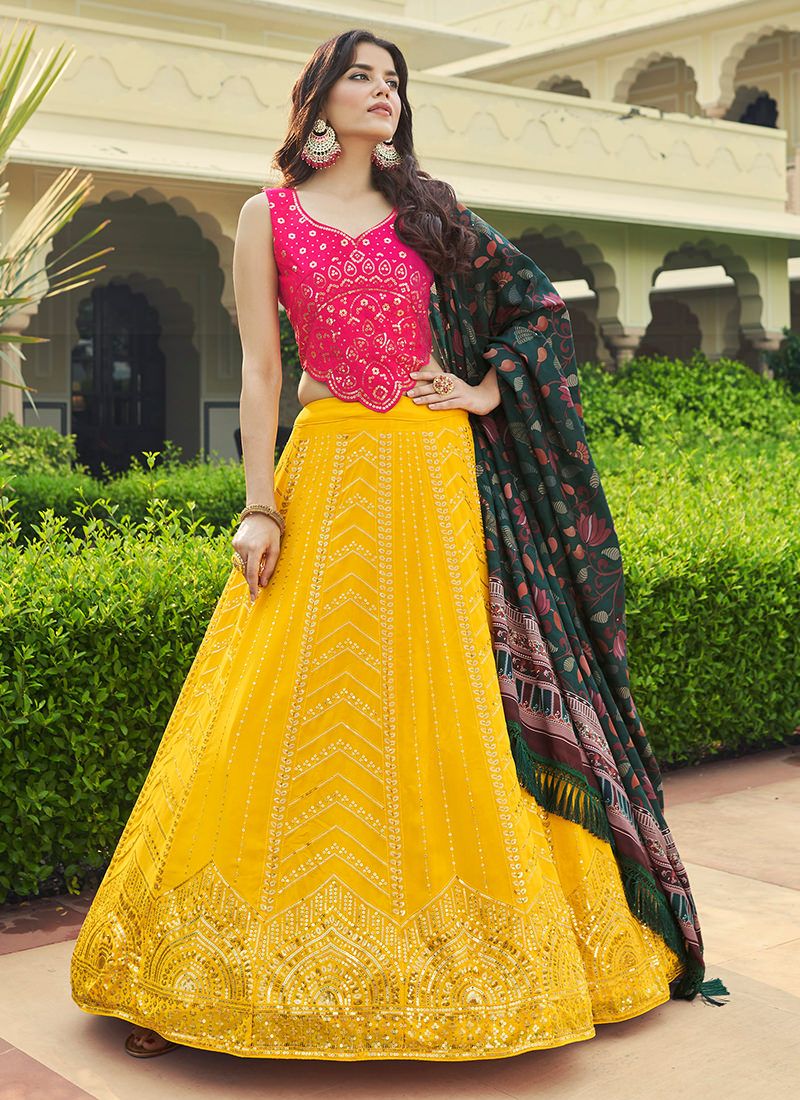 Pink and Yellow   Zari and Sequence , Thread Embroidery Work  lehenga choli with Cotton dupatta