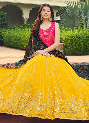 Pink and Yellow   Zari and Sequence , Thread Embroidery Work  lehenga choli with Cotton dupatta