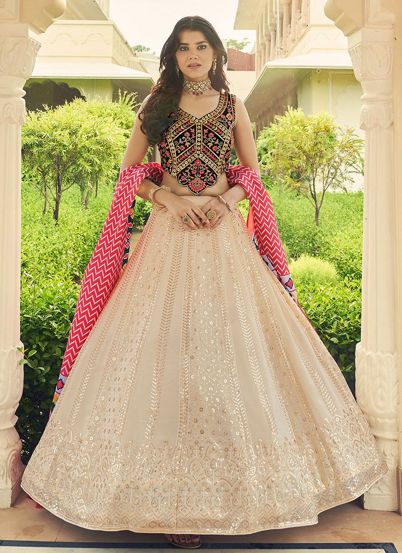 Off White   Zari and Sequence Embroidery Work r lehenga choli with Cottton dupatta