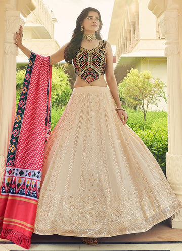 Off White   Zari and Sequence Embroidery Work r lehenga choli with Cottton dupatta