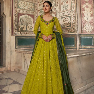 Green Georgette With Embroidery work Anarkali Flared Long Gown
