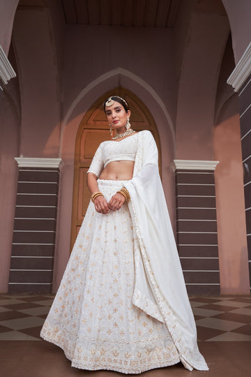 White  Lucknowi  Sequence Embroidery Work  lehenga choli with Georgette dupatta