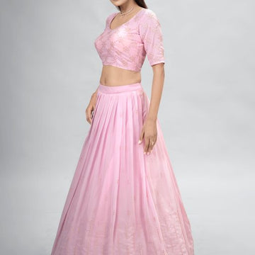Light Pink Mukaish ,Sequence and Thread  Work  lehenga choli with Georgette dupatta