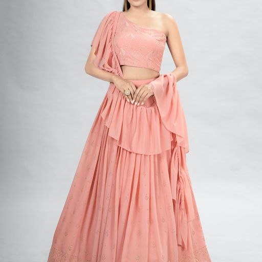 Peach Mukaish ,Sequence and Thread  Work  lehenga choli with Georgette dupatta