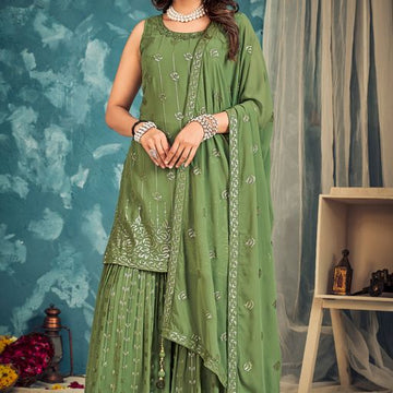 green  thread ,Sequence Zari Embroidery Work  Plazzo suit  For Women