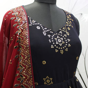 Black  Georgette   Embroidery Sequence Work  Anarkali Flared Long  Gown
