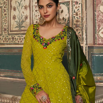 Green Georgette With Embroidery work Anarkali Flared Long Gown