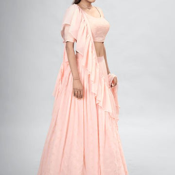 Peach  Mukaish ,Sequence and Thread  Work  lehenga choli with Georgette dupatta