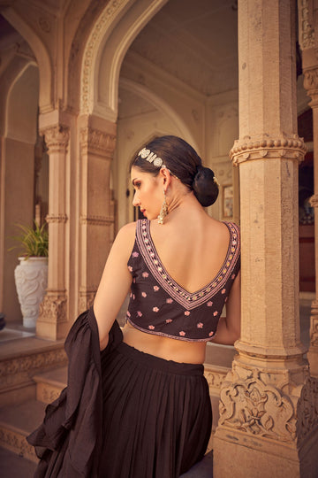 Coffee Embroidery Mirror , Thread work  lehenga choli with  Chinon Silk dupatta