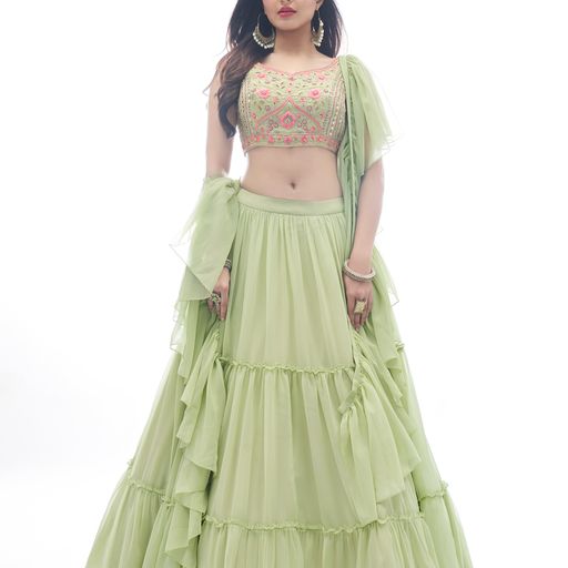 perrot  Thread and Mirror  Work  lehenga choli with Gorgette  dupatta