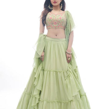 perrot  Thread and Mirror  Work  lehenga choli with Gorgette  dupatta