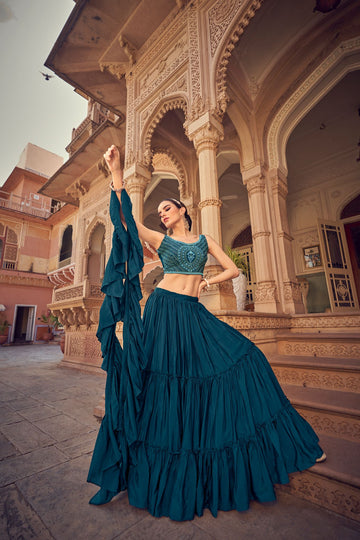 Blue Embroidery Mirror , Thread work  lehenga choli with  Chinon Silk dupatta