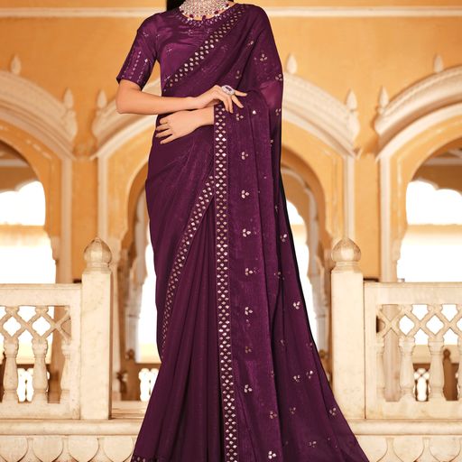 Purple Chinon Silk  saree for women