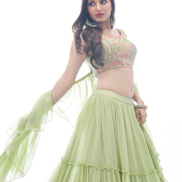 perrot  Thread and Mirror  Work  lehenga choli with Gorgette  dupatta