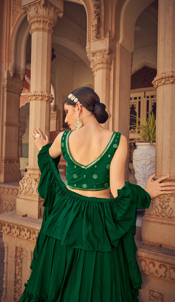Green Embroidery Mirror , Thread work  lehenga choli with  Chinon Silk dupatta