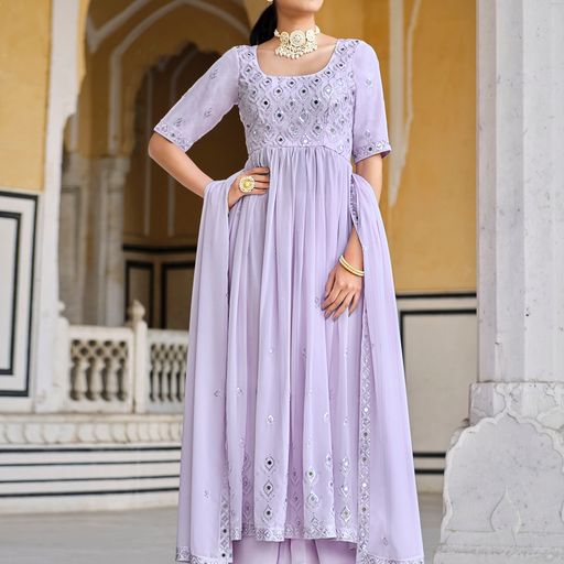 Lavender Georgette   Thread Sequence Embroidery Work  Anarkali Flared Long  Gown
