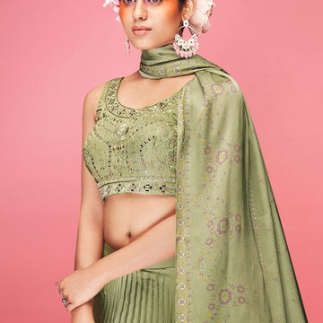 Green Crush ,  Thread and Hand  Work  lehenga choli with Satin  dupatta