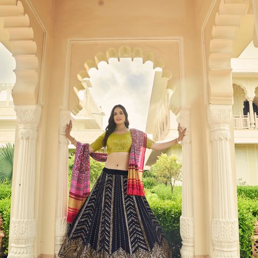 Navy Blue and Green Thread Siquence  Embroided   Work   lehenga choli with Silk  dupatta