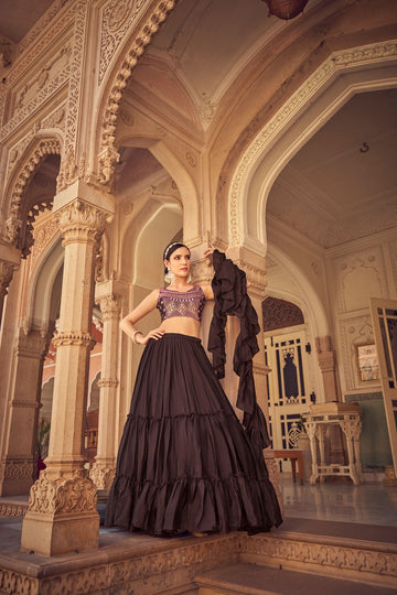 Coffee Embroidery Mirror , Thread work  lehenga choli with  Chinon Silk dupatta