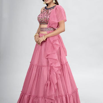 Pink Crush ,  Thread and Hand  Work lehenga choli with Chifon dupatta