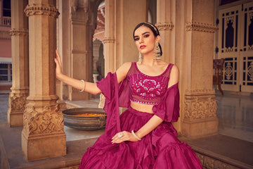 Pink   Embroidery Mirror , Thread work   lehenga choli with  Chinon Silk dupatta