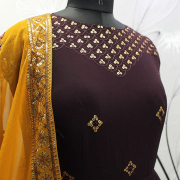 Coffee Georgette   Embroidery Sequence Work  Anarkali Flared Long  Gown