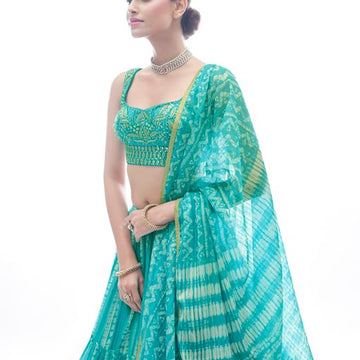 SeaGreen  Hand and Thread  Work   lehenga choli with jacqurd dupatta