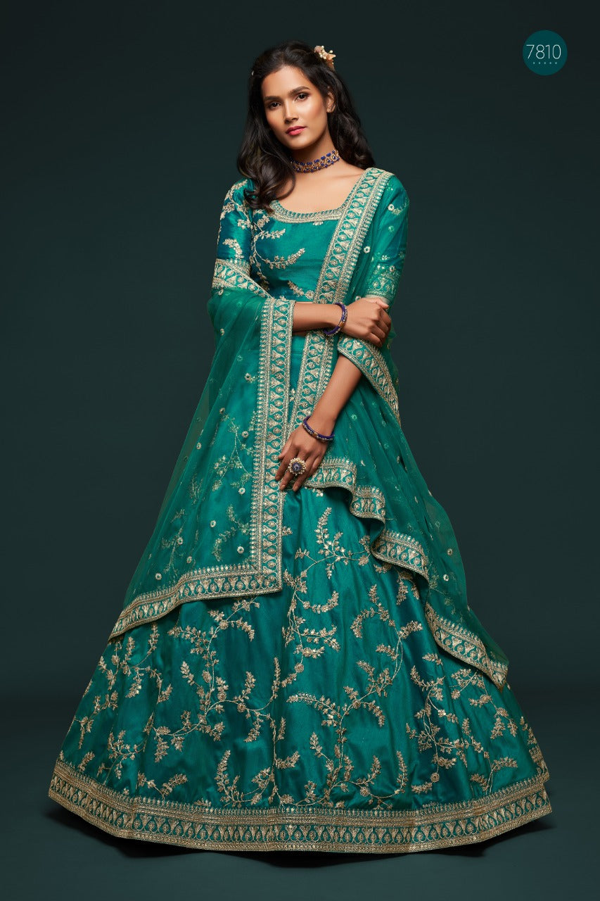 Teal Green  Zari and Sequence Embroidery Work lehenga choli with Net dupatta